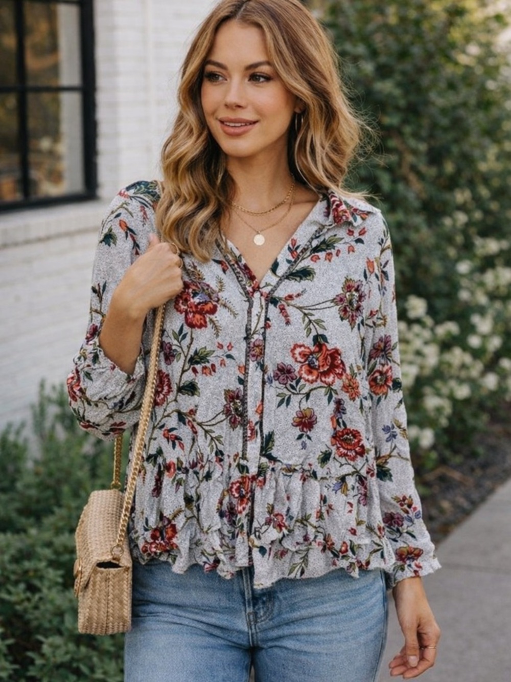Maeve Anthropologie Floral Peasant Blouse Ruffle Hem Boho XS